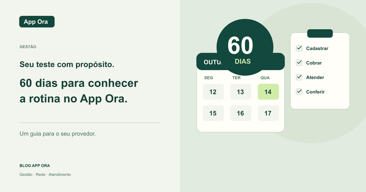 Calendário de teste com destaque para 60 dias e lista de etapas de avaliação do sistema.