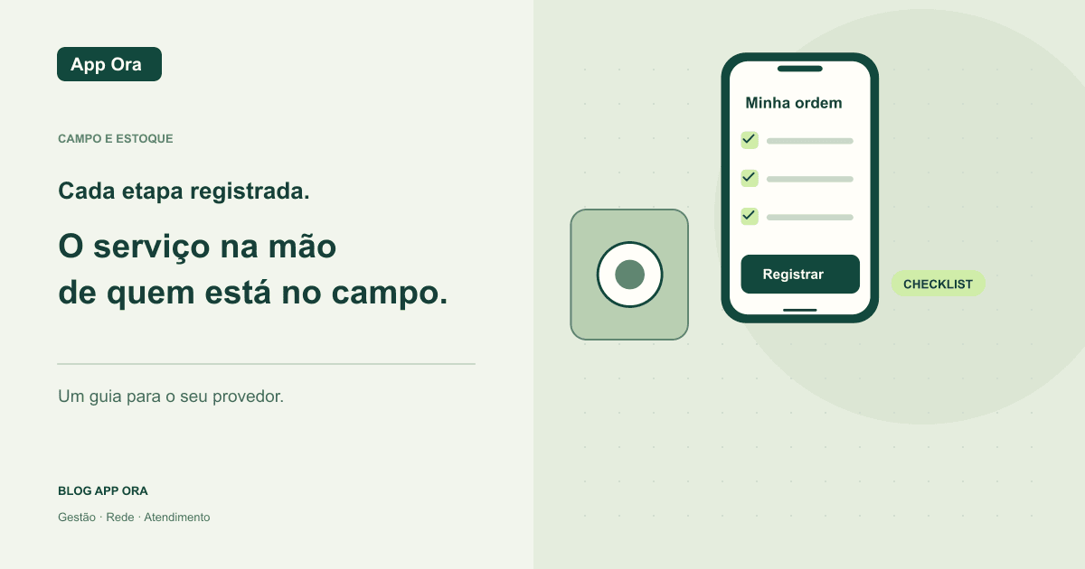 Celular do técnico com checklist e câmera ao lado de ferramentas e registro da instalação.
