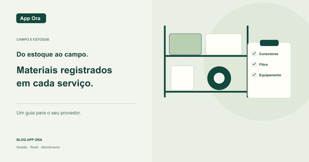 Prateleiras com caixas de conectores, bobina de fibra e uma lista de saída de materiais.