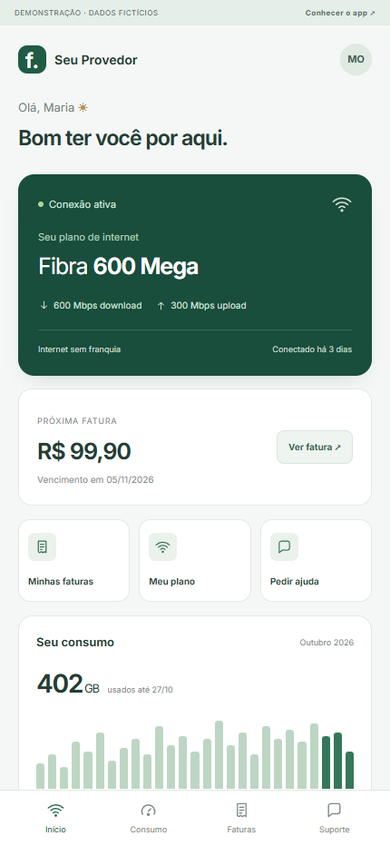 Demonstração do app do cliente com plano Fibra 600 Mega e consumo diário